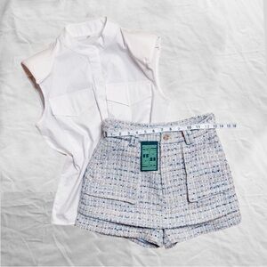White button up top and blue tweed mini skort Petite size 2 fits size small